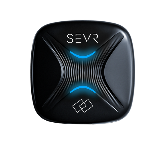 Black SEVR device with glowing blue accents