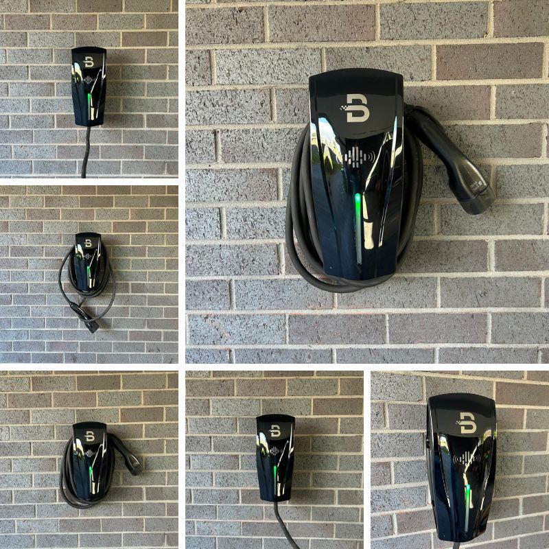Beny electric vehicle charging station mounted on a brick wall.
