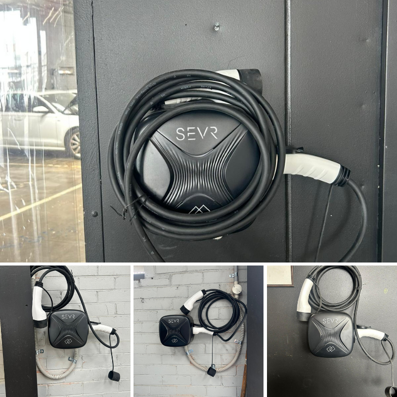 SEVR electric vehicle charging cable on a wall