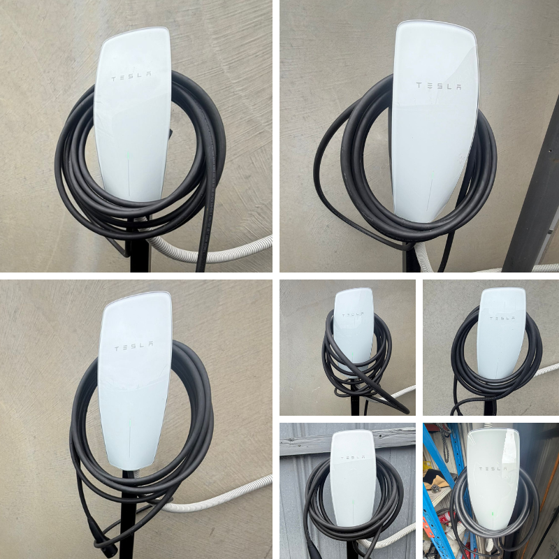 Collage of Tesla electric vehicle charging wall connector 