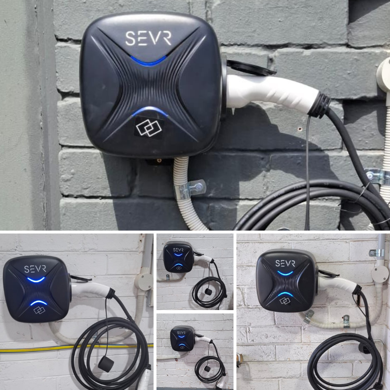 SEVR electric vehicle charging station mounted on a wall 