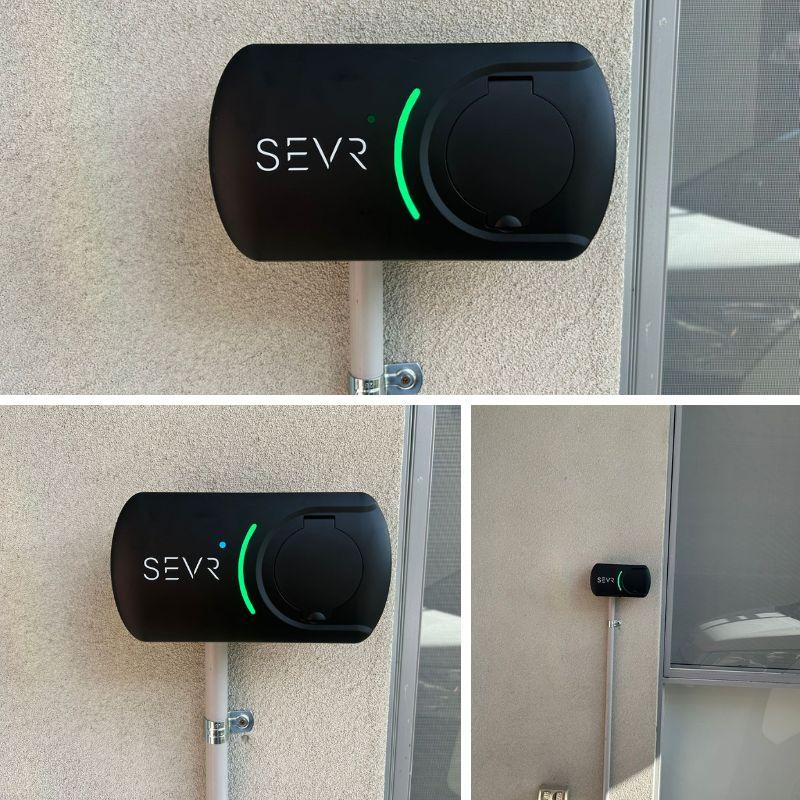 SEVR EV charger mounted on a wall with a green indicator light.