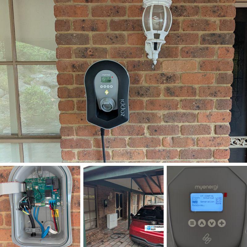 Black Zappi Electric vehicle charging station mounted on a brick wall with close-up details.