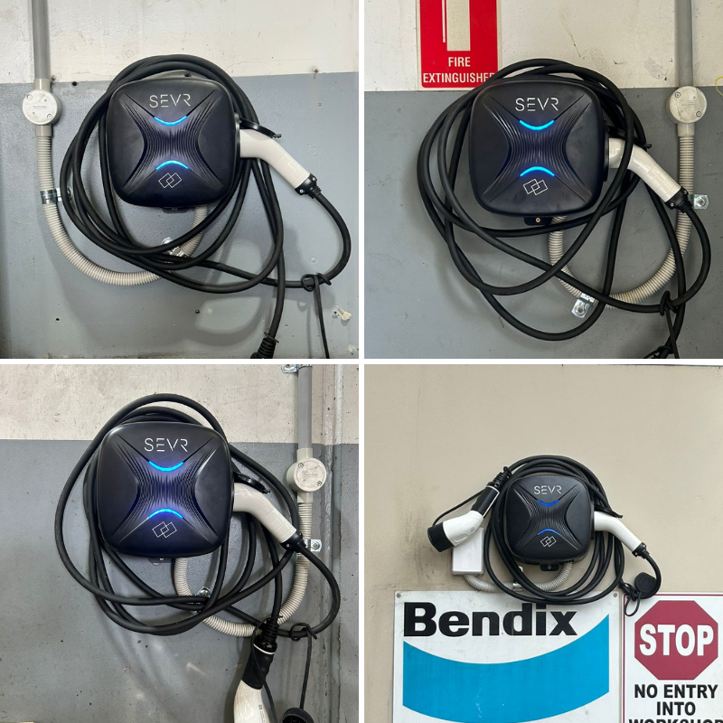 SEVR ev charging station with cables on a wall