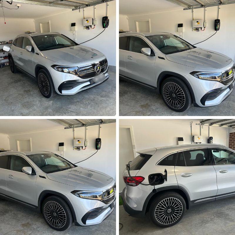 Collage of a grey Mercedes-Benz SUV charging in a garage.