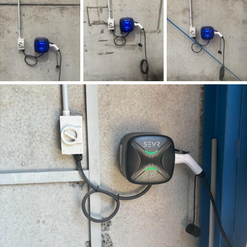 SEVR electric vehicle charging station mounted on a wall