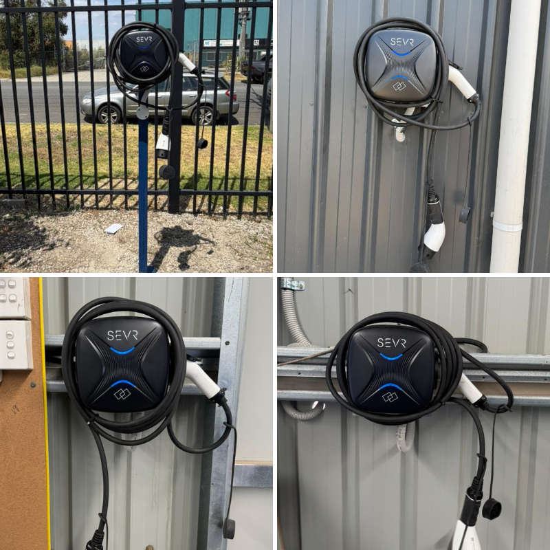 SEVR electric vehicle charging station mounted on various surfaces outdoors.