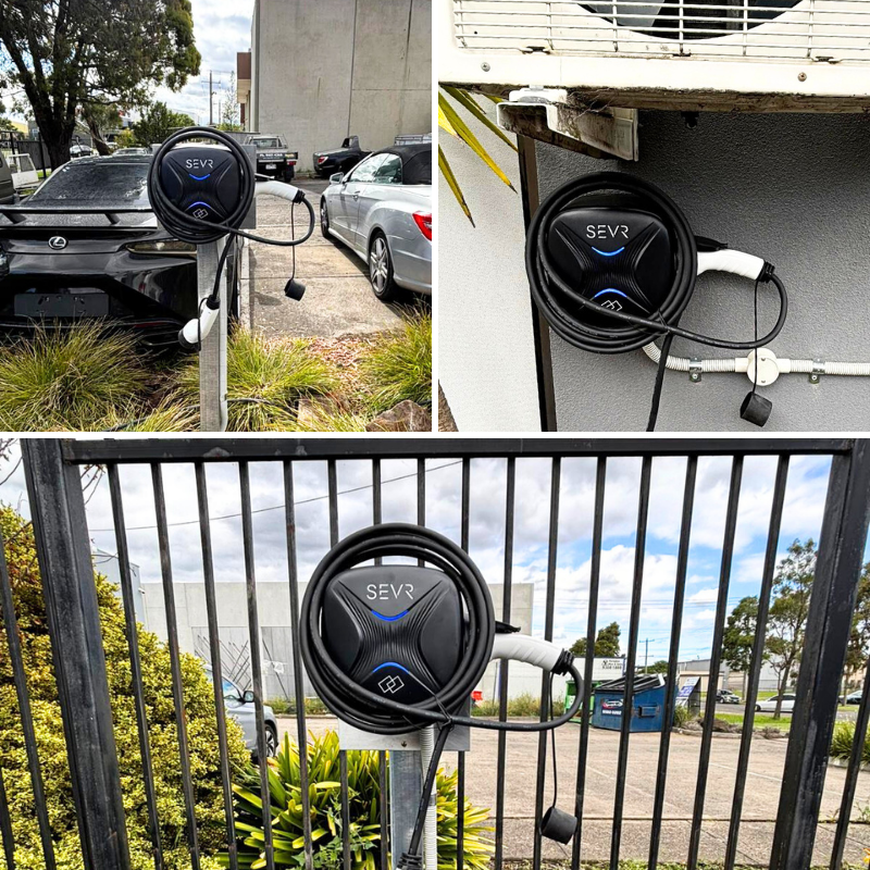 SEVR electric vehicle charging in various outdoor settings