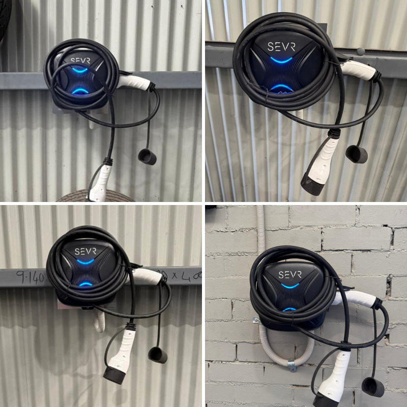 SEVR EV charging station on a metal surface 