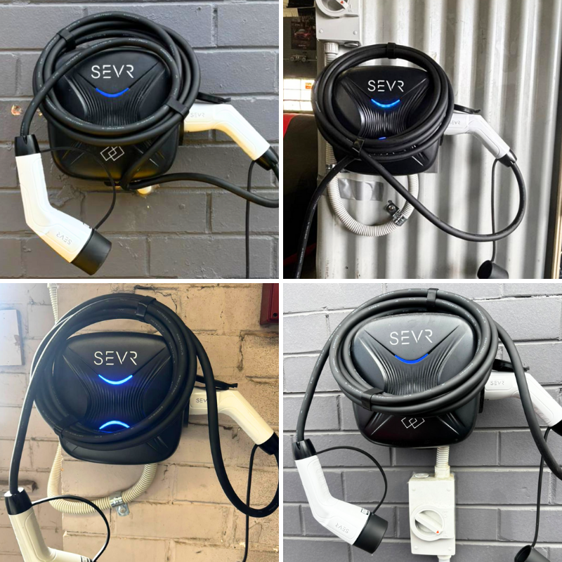 SEVR electric vehicle charging station in a various settings.