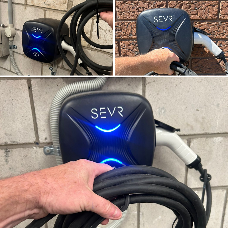 Collage of SEVR electric vehicle charging cable and connectors against a brick wall.