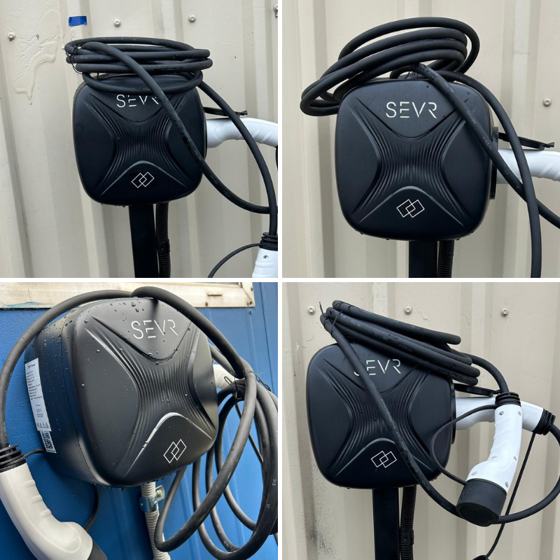 SEVR electric vehicle charging station on a wall.