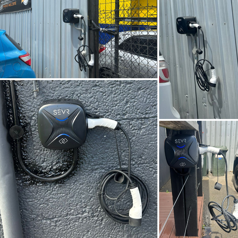 Collage of SEVR electric vehicle charging station mounted on a wall 