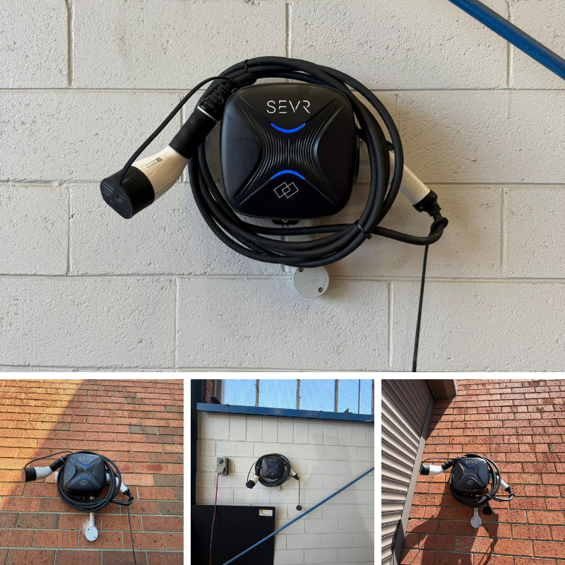 SEVR electric vehicle charging station mounted on a wall 