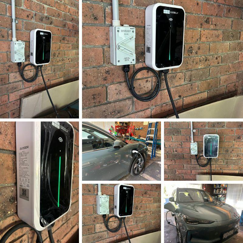 Collage of Geely electric vehicle charging stations attached to a brick wall 