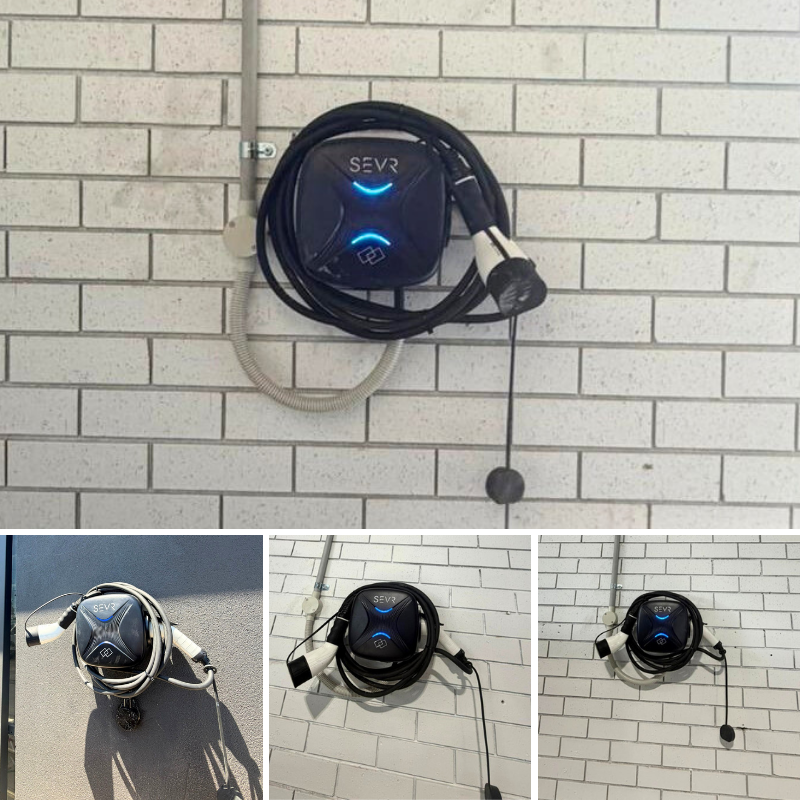 SEVR electric vehicle charging station mounted on a brick wall with close-up insets.