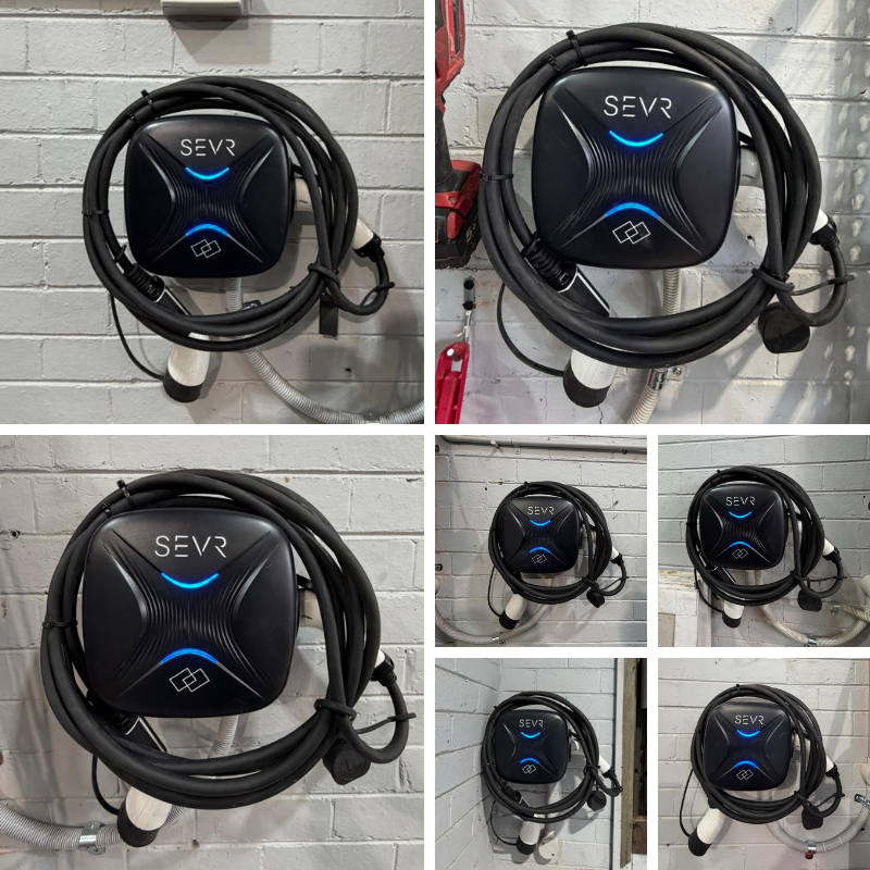 Collage of SEVR electric vehicle charging cable on a tiled wall background
