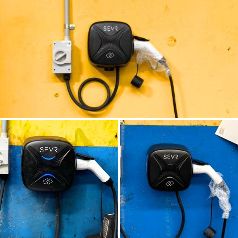 Black SEVR ev charging station attached to a wall 