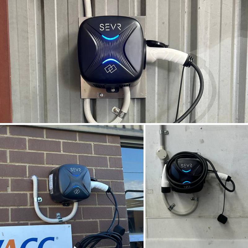 SEVR electric vehicle charging station mounted on various wall types.