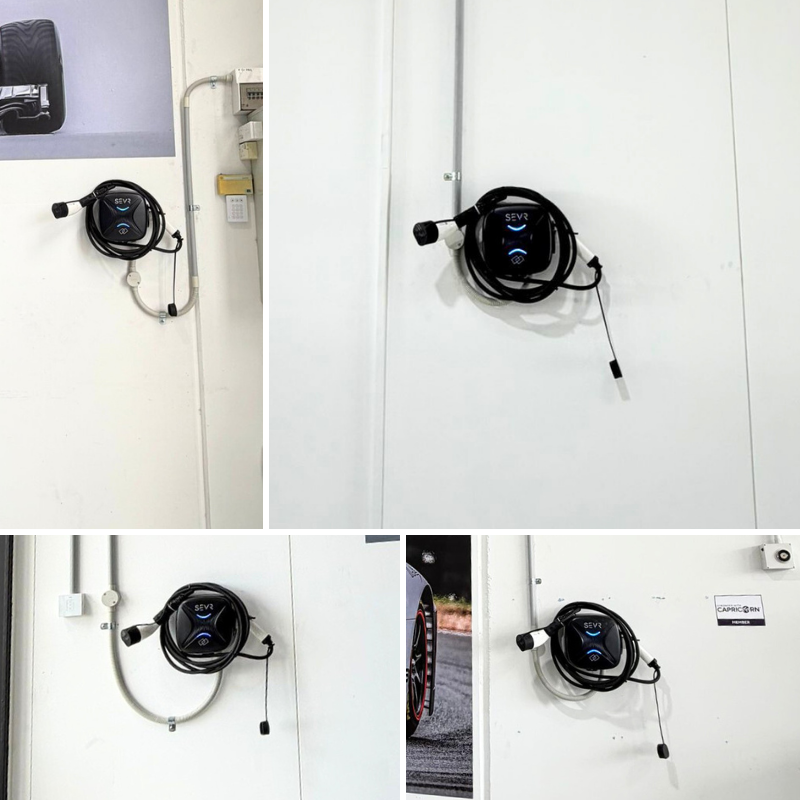 Four images of a black EV charger mounted on a  white wall