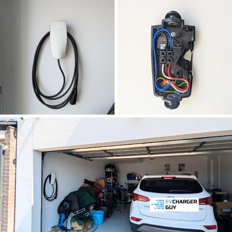 Collage of a Tesla wall connector charging station with close-up details and a car in a garage.