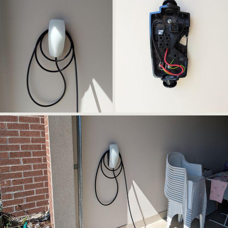 Collage of a wall-mounted tesla wall connector charger