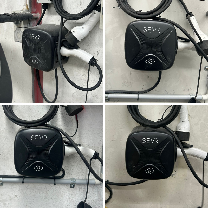 Collage of four images showing a SEVR EV charger attached to a wall with cables.
