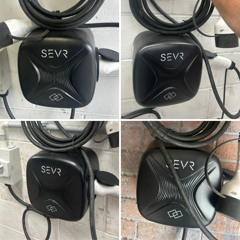Collage of a SEVR EV charging station on a tiled wall.
